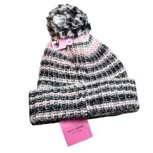 NWT Kate Spade Marled Stripe Multicolor Knit Pom-Pom Winter Wool Blend Beanie